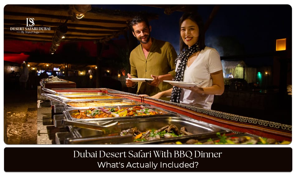 Family enjoying a Dubai desert safari with camel rides, golden sand dunes, and a traditional BBQ dinner under the stars.