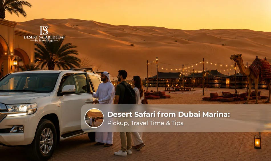 Experience a desert safari from Dubai Marina with dune bashing, camel rides, and stunning sunset views.
