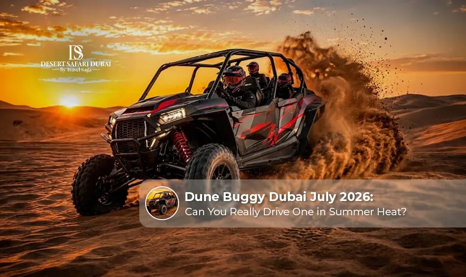 Tourists enjoying an exciting dune buggy ride across the golden sand dunes in Dubai's desert.