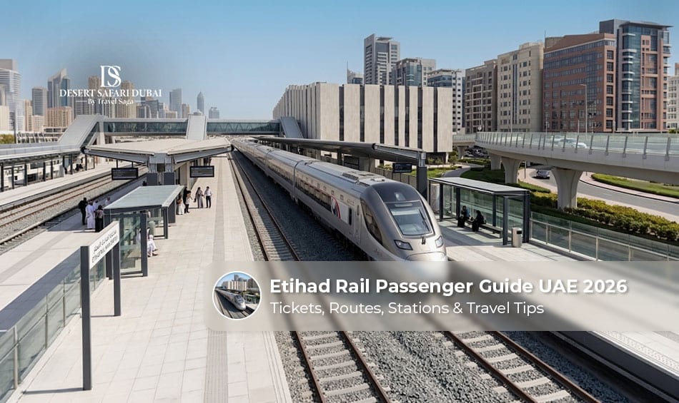 Etihad Rail passenger train in the UAE with modern stations, comfortable seating, and intercity travel