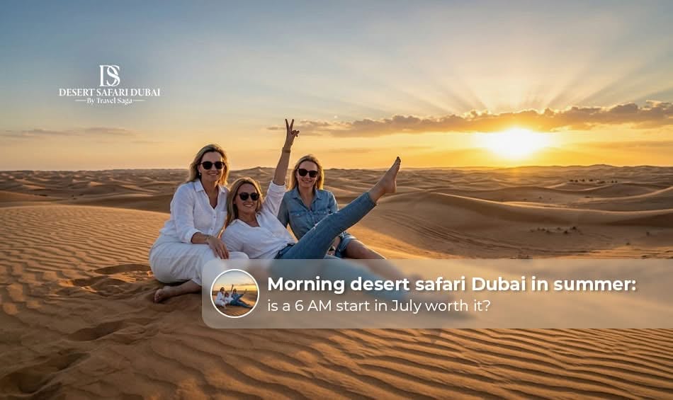 Morning desert safari in Dubai during summer with golden sand dunes, a 4x4 vehicle, and a beautiful sunrise.